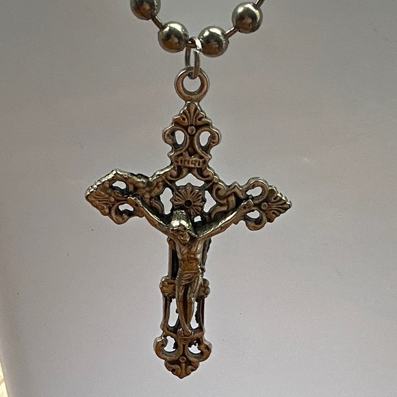 Vintage unisex big bead ball ๐ style chain religious Silver Cross Necklace - Picture 2 of 5